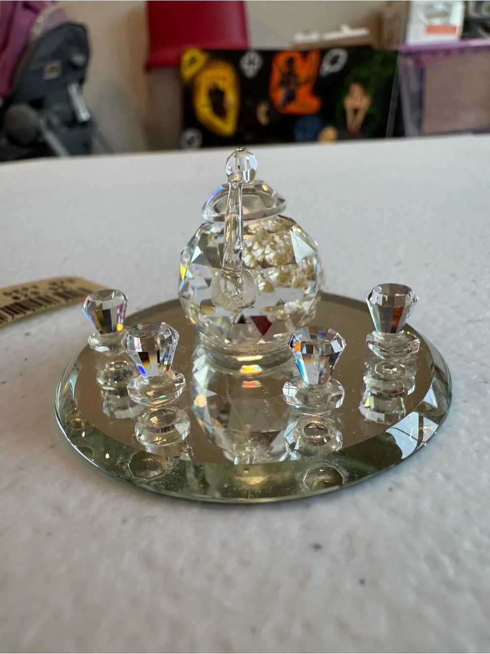 Vintage Crystal Tea Time Figurine on Mirrored Base - Clear